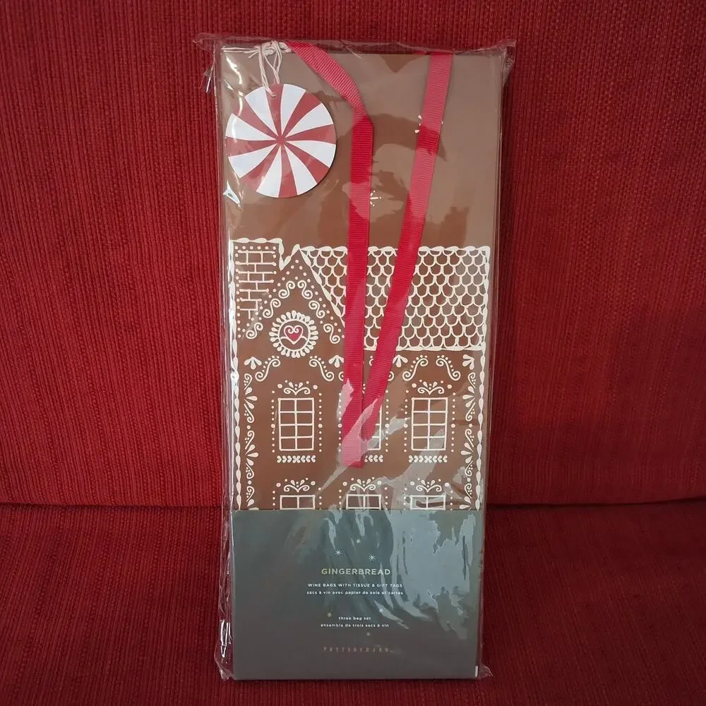 Pottery Barn 3 GINGERBREAD HOUSE WINE BAGS Tissue Paper Gift Tag CHRISTMAS Wrap
